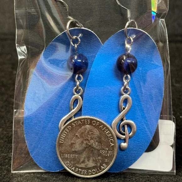 Handmade blue faux leather earrings with treble cleft charms - Picture 2 of 3
